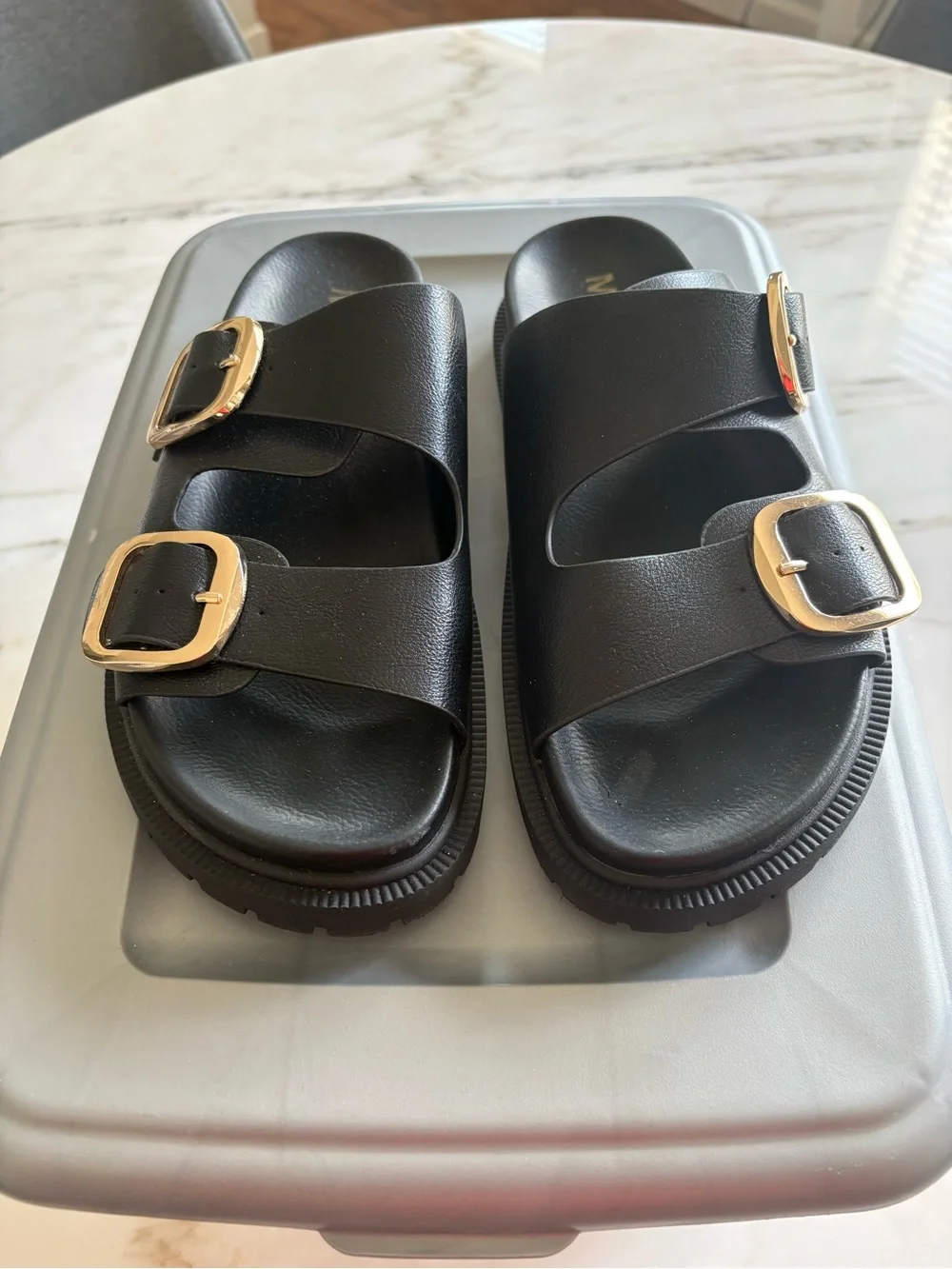 MIA Black Slide Sandals with Gold Buckles